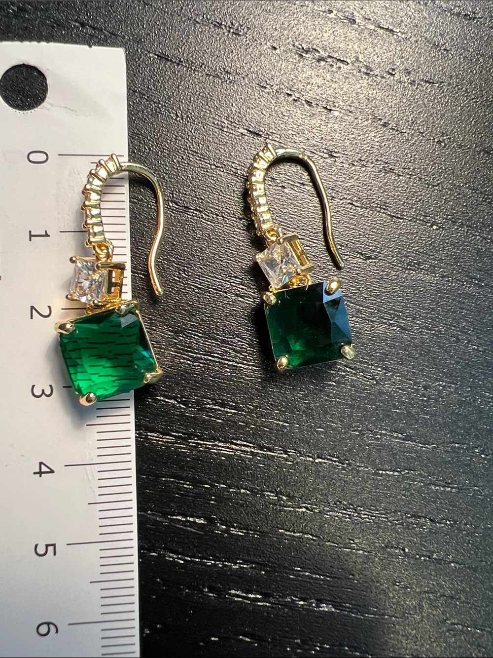 Gold Drop Earrings with Green Square Gemstones and Clear Accents - Picture 3 of 4